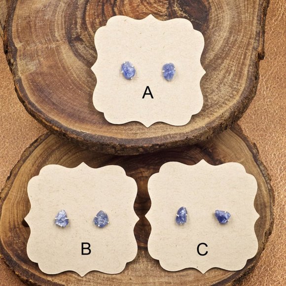 Blue Sapphire & Sterling Silver Crystal Stud Earrings - Pair C - Picture 2 of 2